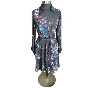 DKNY Floral Wrap Dress Black Pink Blue Chiffon V-Neck Cocktail Midi Sz 12
